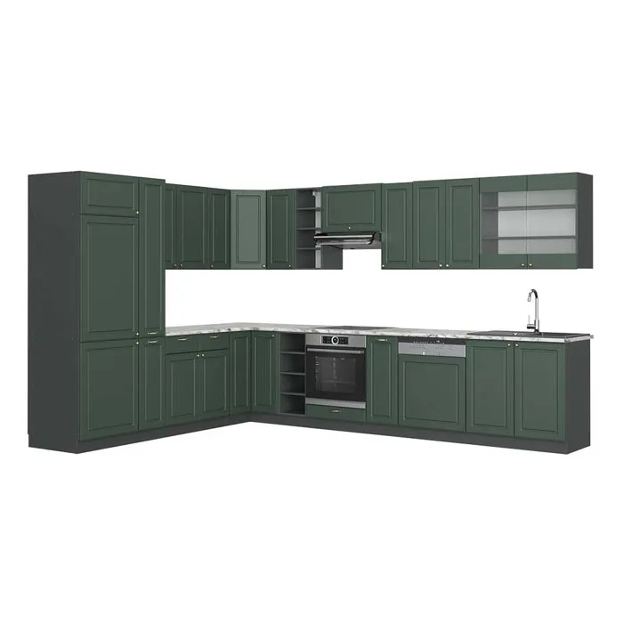 Vicco Cuisine en angle Vert Or Campagne/Anthracite 347 x 257 cm plan de travail Marbre