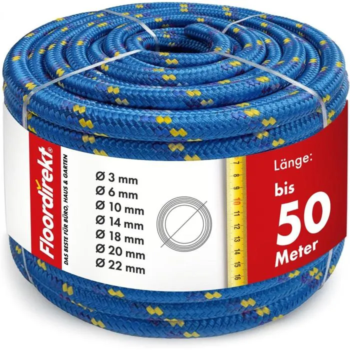 Corde structure tressée, résistance à la traction K2 Bleu-Jaune Diamètre: 10 mm Longueur: 20 m