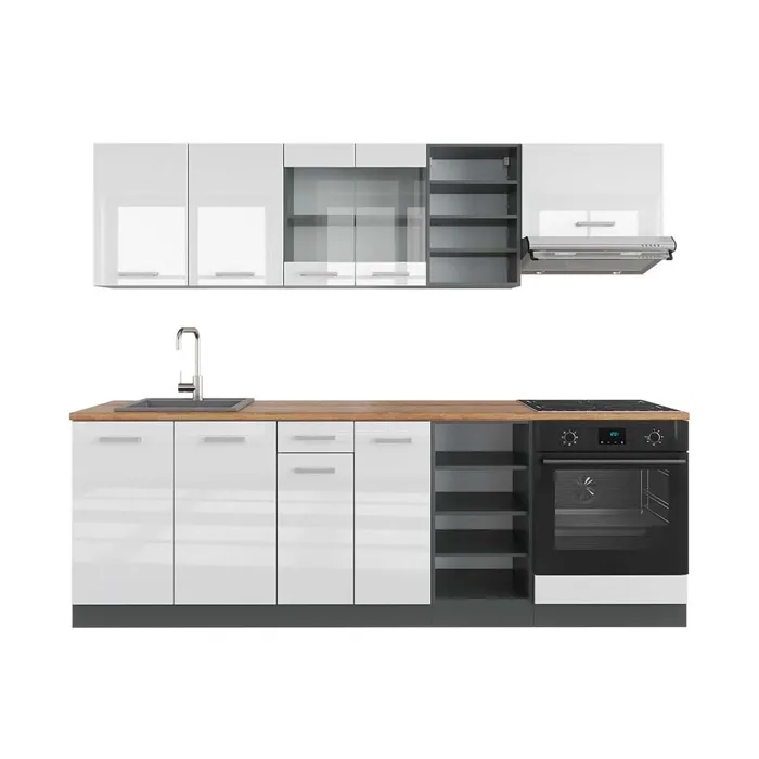 Vicco Cuisine Blanc brillant/Anthracite 240cm, PT Chêne