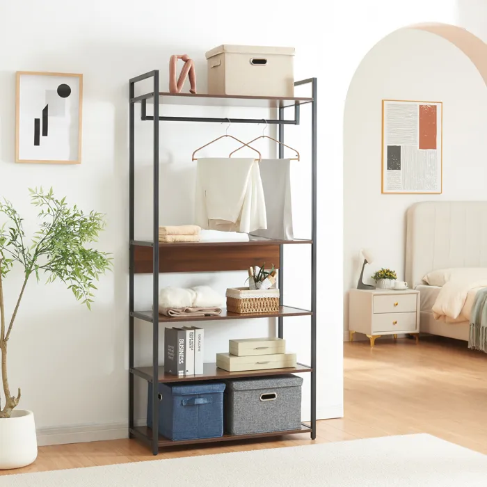 Portant à vêtements Larem avec 4 étagères 180 x 84 x 40 cm noir effet noyer en.casa