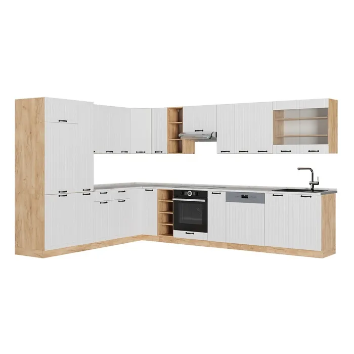 Vicco Cuisine en angle Blanc campagne/Chêne de force doré 347 x 257 cm, PT Marbre