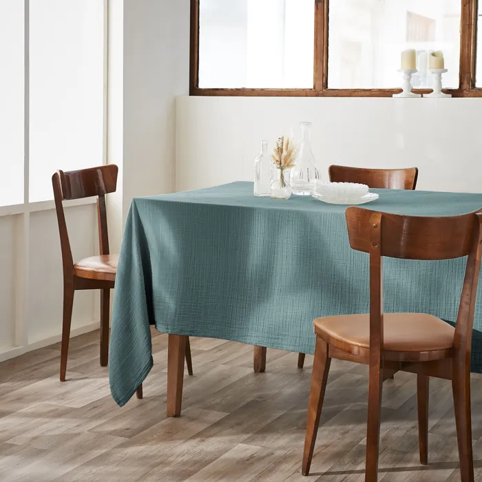 Nappe rectangulaire 150 x 250 cm Double gaze de coton Gaïa Bleu Canard