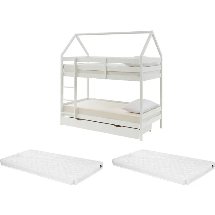 Lits superposés cabane 2 x 90 x 190 cm - 2 tiroirs - Pin - Blanc + Matelas - CHORI