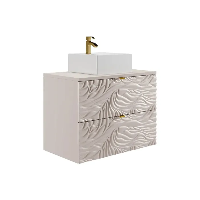 Meuble de salle de bain suspendu texturé avec vasque à poser carrée - Beige - 80 cm - RINAREL