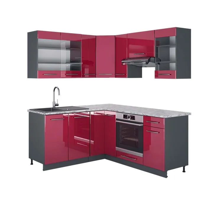 Vicco Cuisine en angle Rouge bordeaux Haute brillance/Anthracite 190 x 160 cm, PT Marbre