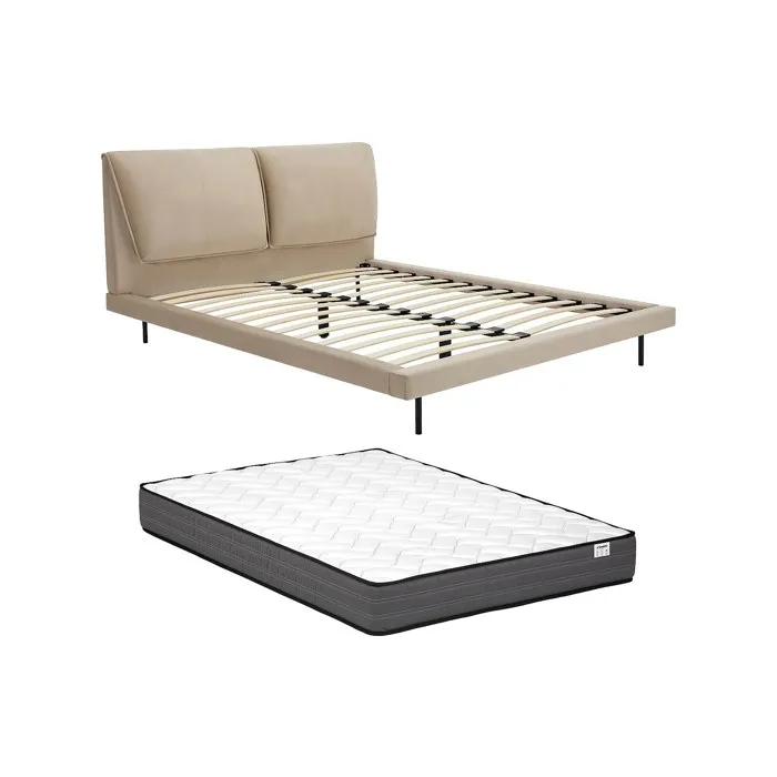 Lit 140 x 190 cm - Velours - Taupe + Matelas - IBEDIA