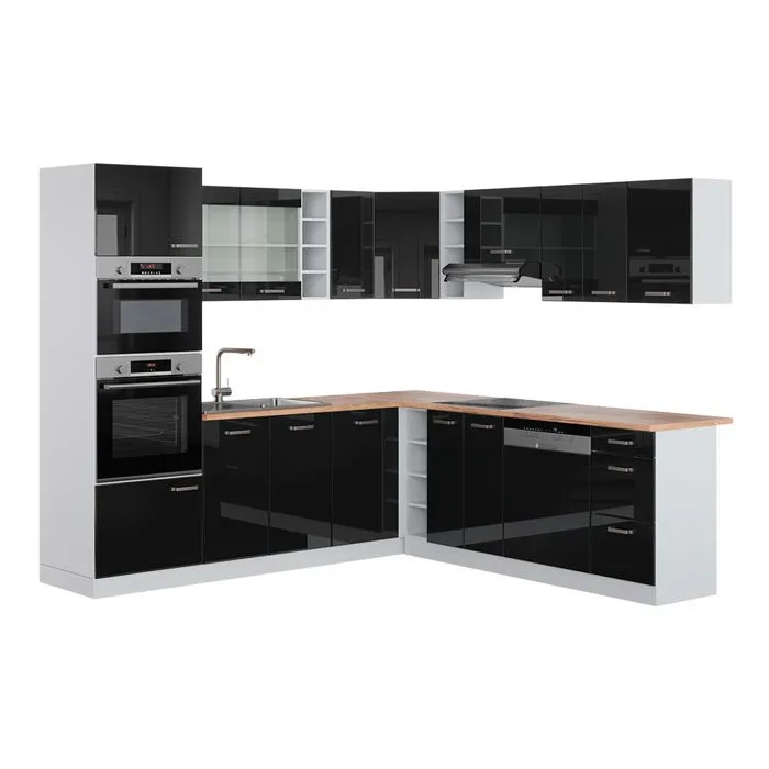 Vicco Cuisine en angle Noir Haute brillance/Blanc 247 x 237 cm, PT Chêne