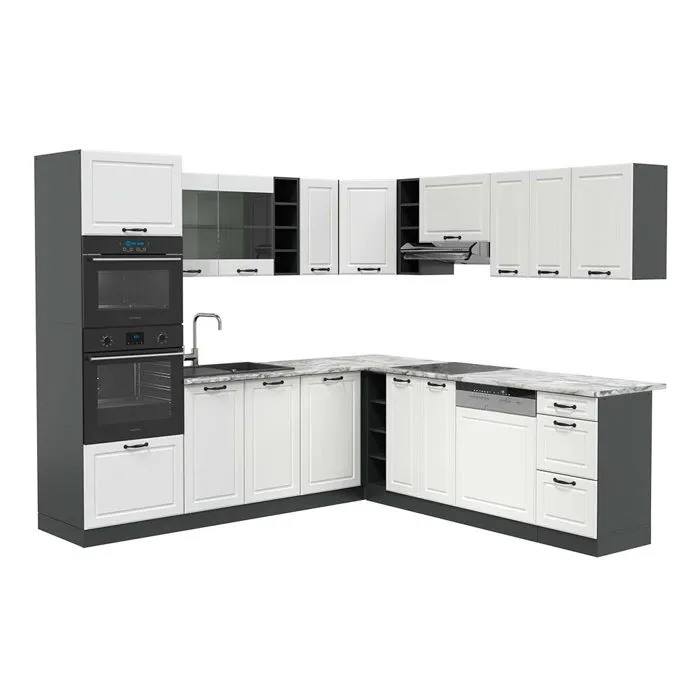 Vicco Cuisine en angle Blanc campagne/Anthracite 247 x 237 cm, PT Marbre