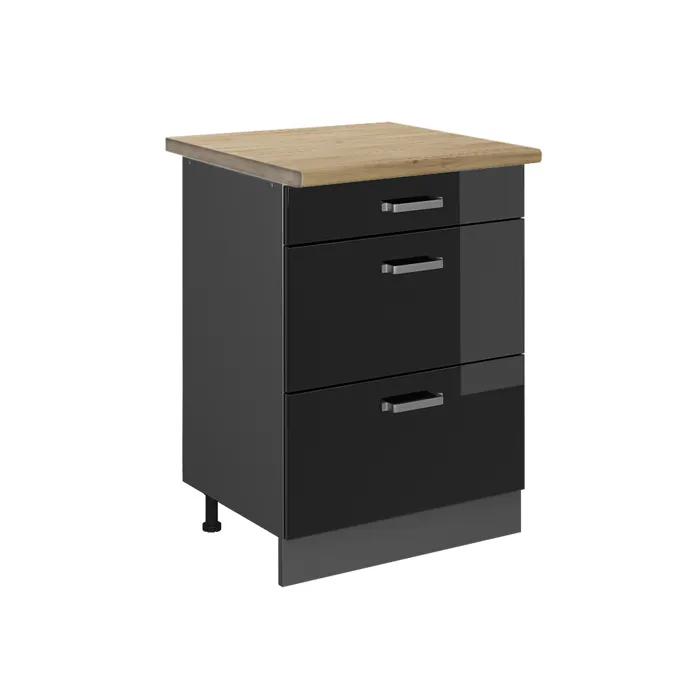 Vicco Meuble cuisine Noir Haute brillance/Anthracite 60cm avec tiroirs plan de travail Chêne doré
