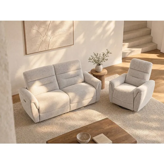Canapé 3 places et fauteuil relax électrique en tissu texturé gris clair BREVIO