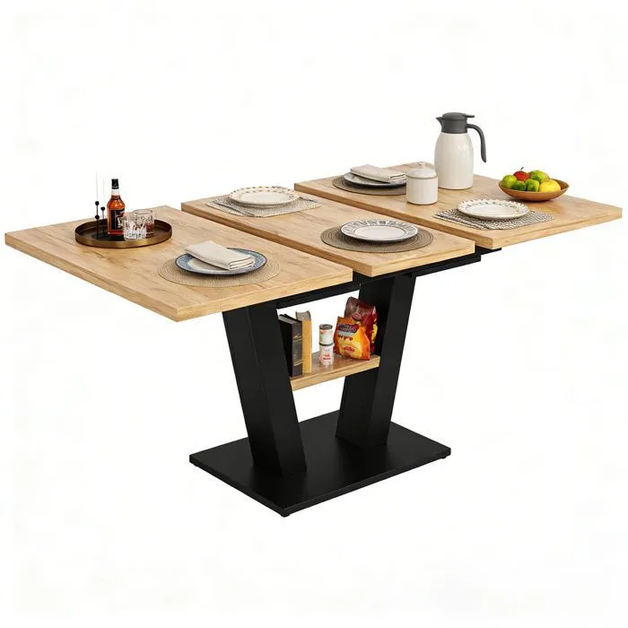 Table Repas Extensible 120-160 Cm Pied H Avec Étagère Chêne Et Noir