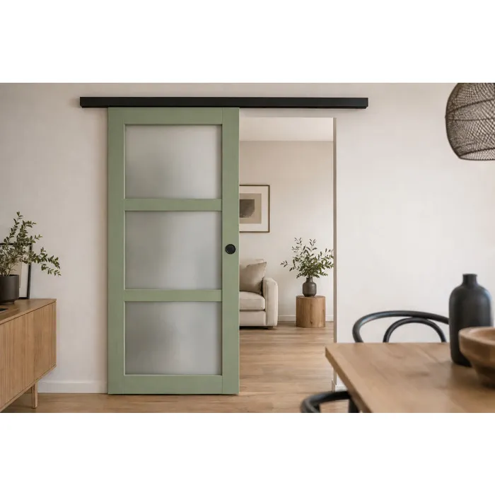 Porte Coulissante Vert Sauge Ral 6021 Vitrée H204 X L73 Cm, Rail Alu Bandeau Noir, Coquilles Noir Gd Menuiseries