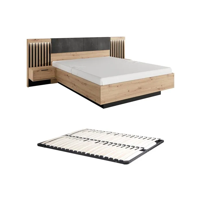 Lit avec chevets 160 x 200 cm - Avec LEDs - Coloris: Naturel et noir + Sommier - ARIADA