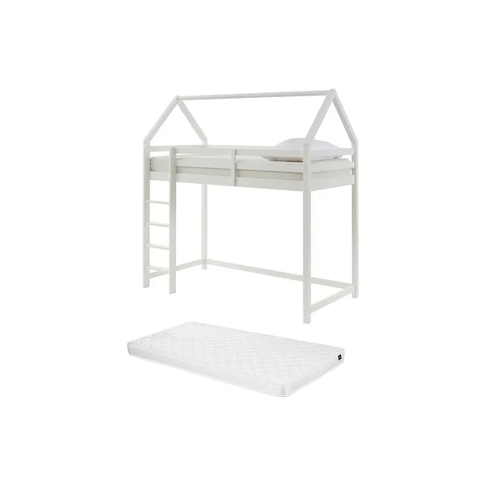 Lit mezzanine cabane 90 x 190 cm - Pin - Blanc + Matelas - TARZIA
