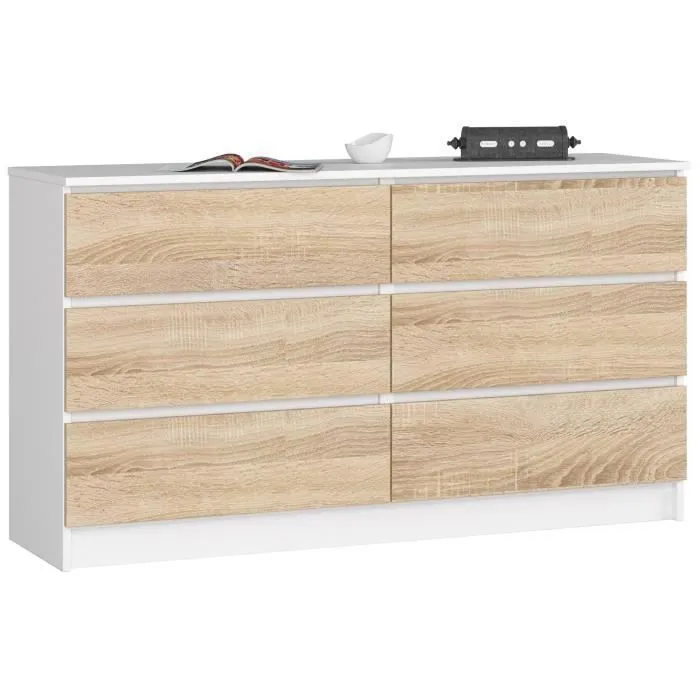 Commode Akord K140 Blanche 138 Cm 6 Tiroirs Façade Chêne Sonoma 138x40x77 Cm