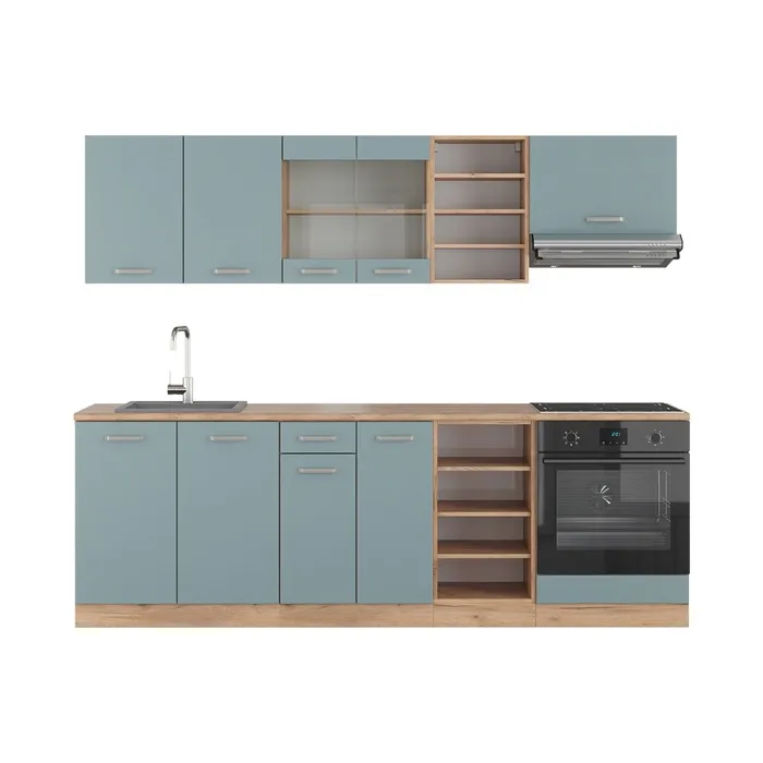 Vicco Cuisine Bleu-gris/chêne doré 240cm, PT Chêne