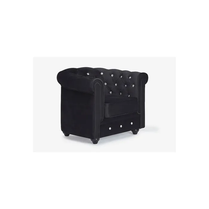Fauteuil CHESTERFIELD - velours noir et boutons effet cristal