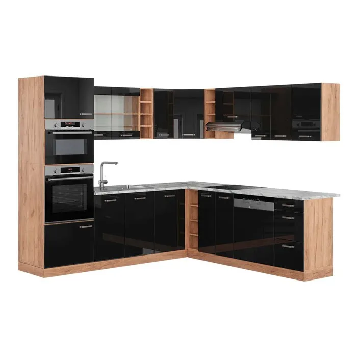 Vicco Cuisine en angle Noir Haute brillance/Chêne de force doré 247 x 237 cm, PT Marbre