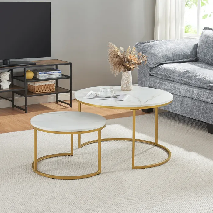 Set de 2 tables basses Christchurch rondes gigognes effet marbre blanc doré en.casa