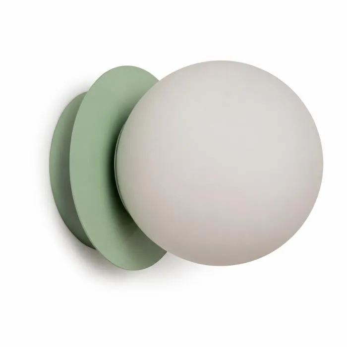 Applique murale E27 en métal vert avec globe verre opale D15 cm, design moderne, ampoule non incluse