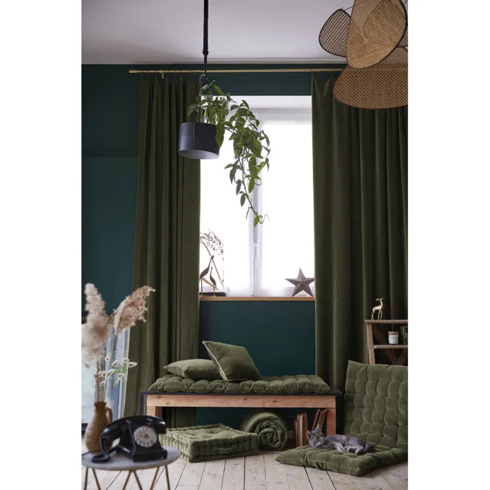 Lot De 2 Rideaux Ajustables + 8 Anneaux Pince "césar" 140 X 270 Cm Velours De Coton L'effet Papillon
