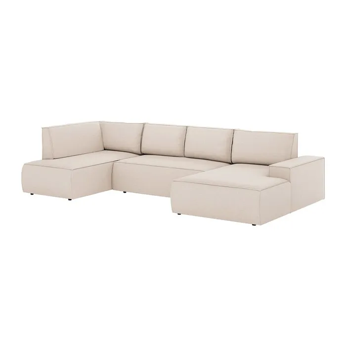 Grand canapé d'angle droit panoramique convertible en tissu texturé beige AMELIA