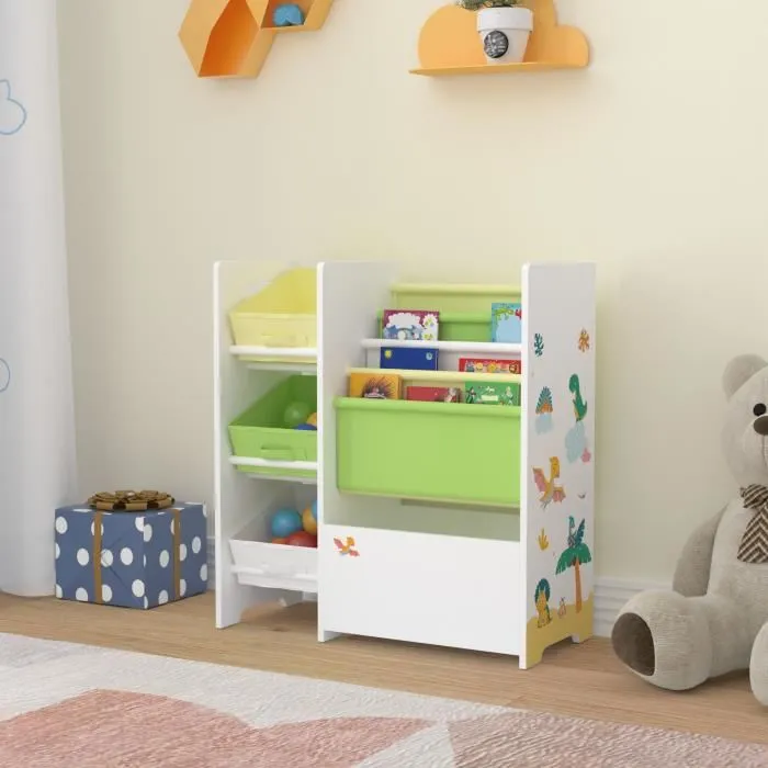 Étagère de rangement Vimianzo pour enfant avec 3 bacs ouverts blanc vert jaune en.casa