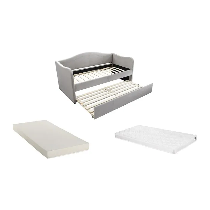 Lit banquette gigogne 2 x 90 x 190 cm - Velours - Gris clair + Matelas - MATHILDE