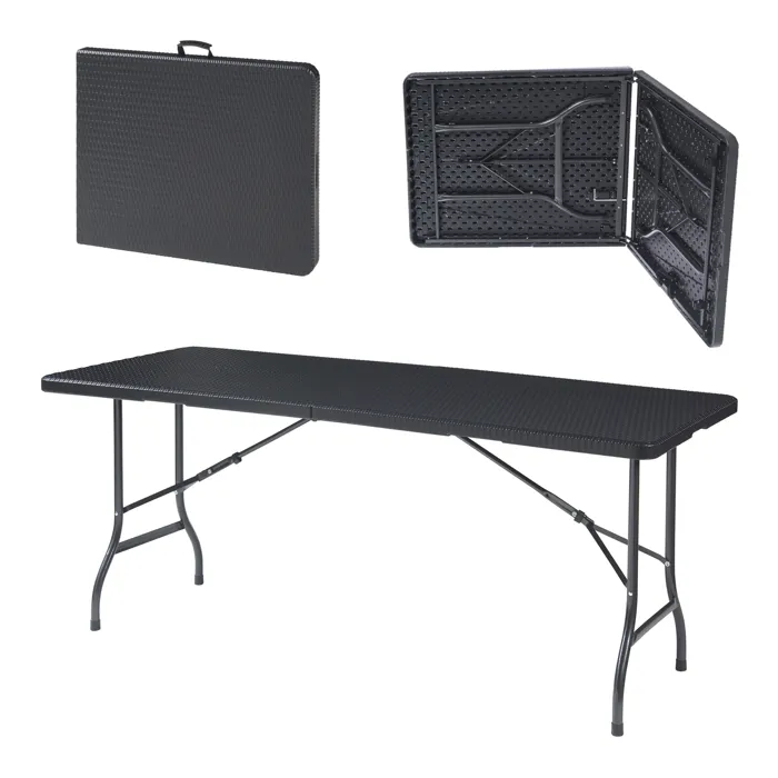 Table de camping pliante Mark 180 x 75 x 72 cm effet rotin noir en.casa
