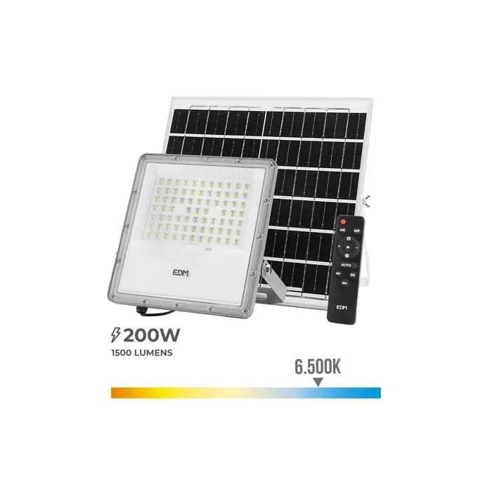 Projecteur Edm Télécommande Panneau Solaire Photovoltaïque 200 W 1500 Lm 35 X 35 Cm 23,8 X 23,3 X 4,3 Cm (6500 K)