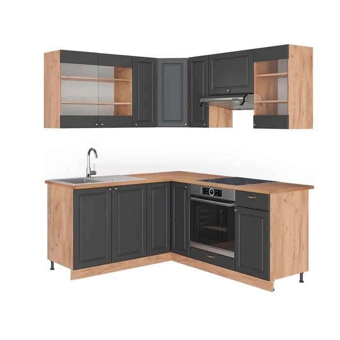 Vicco Cuisine en angle Gris foncé/Chêne de force doré 190 x 160 cm, PT Chêne
