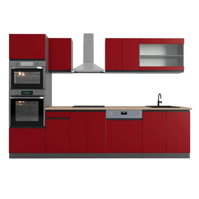 Vicco Cuisine Rouge/Anthracite 300cm avec armoire haute, PT Chêne
