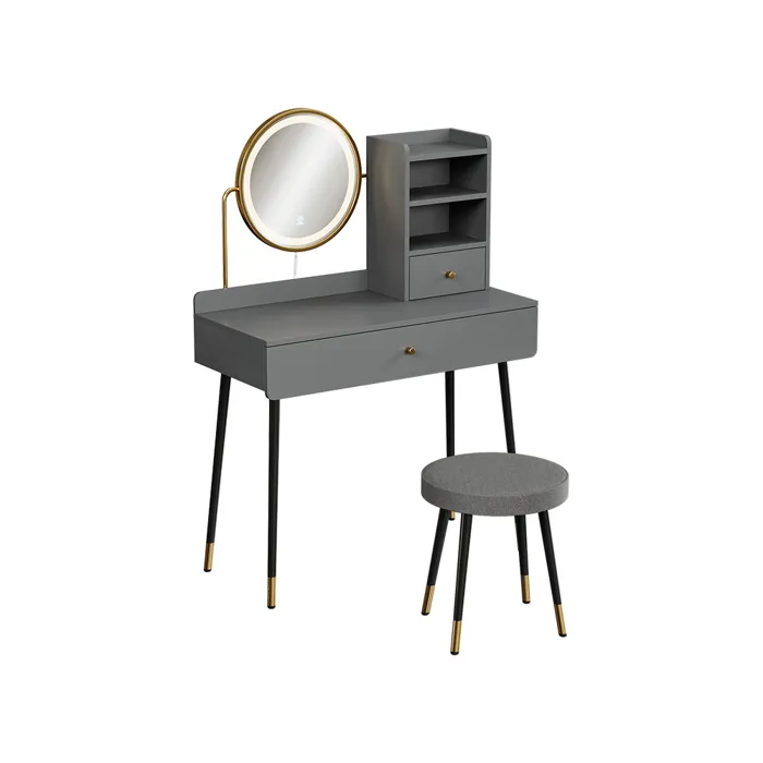 Vicco Coiffeuse Gris 90cm avec miroir LED et tabouret