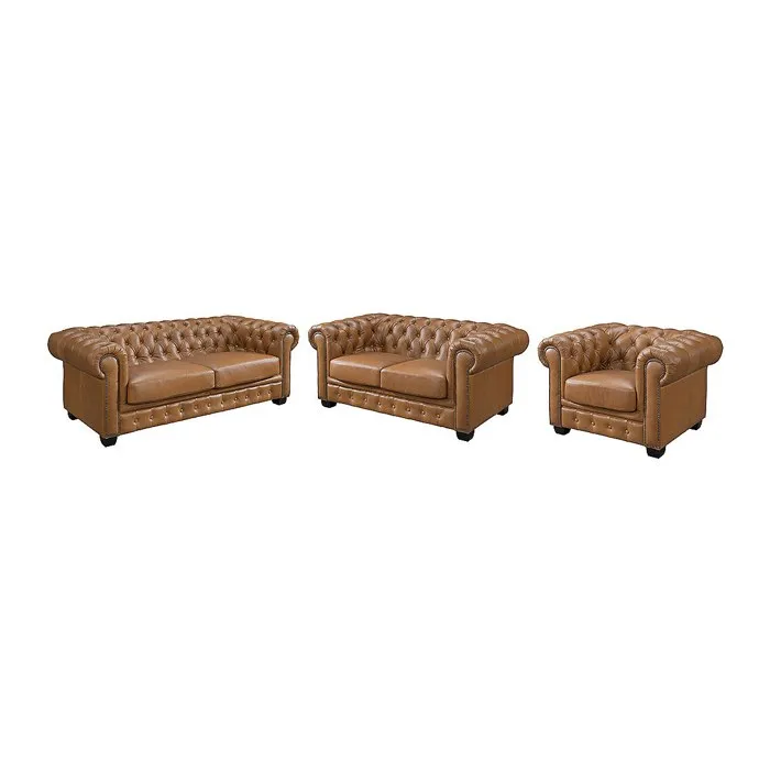 Canapés chesterfield 3 places 2 places et un fauteuil BRENTON 100% cuir de buffle premium - Caramel vintage