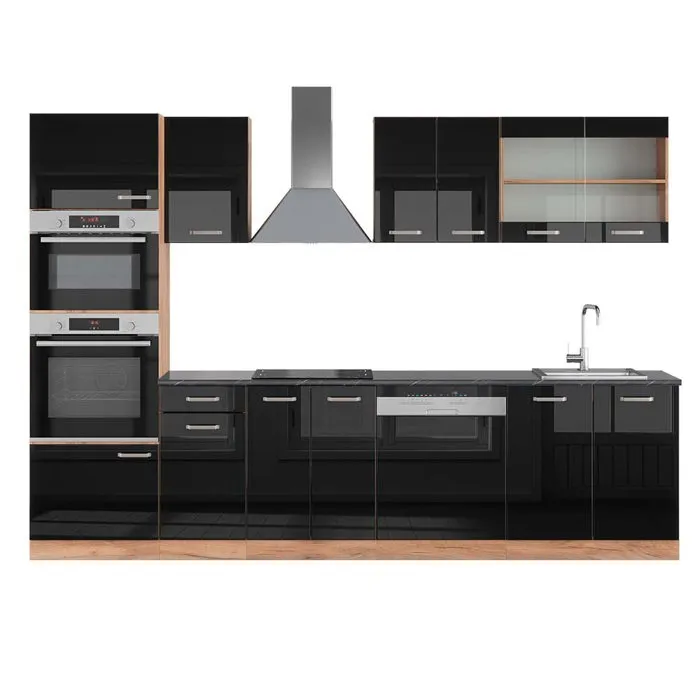 Vicco Cuisine Noir brillant/Chêne doré 300cm avec armoire haute, PT Anthracite