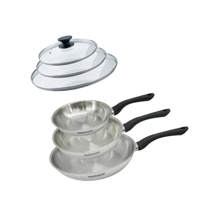 Set 3 Poêles 20 24 Et 28 Cm En Inox Et 3 Couvercles Verre Geneva