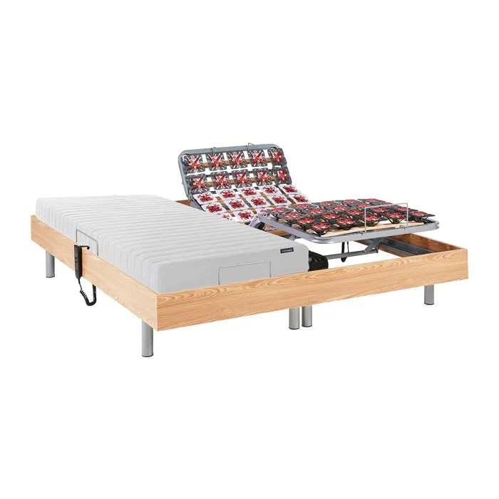 Lit électrique de relaxation tout plots + matelas accueil latex - 2 x 90 x 200 cm - Naturel clair - ETHER de YSMÉE