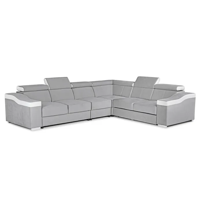 Lucky - Canapé D'angle Convertible Réversible En Tissu Velours Gris Clair Et Simili Cuir Blanc