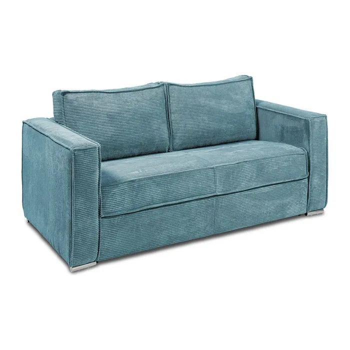 Canapé 4 places convertible express en velours côtelé bleu turquoise avec assise mémoire de forme - Couchage à lattes larges 160