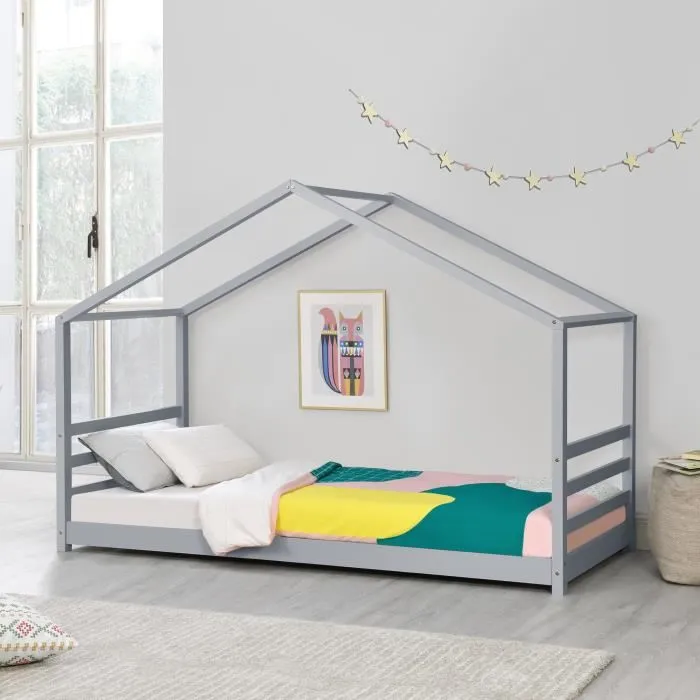 Lit cabane Vardoe pin 90 x 200 cm gris en.casa