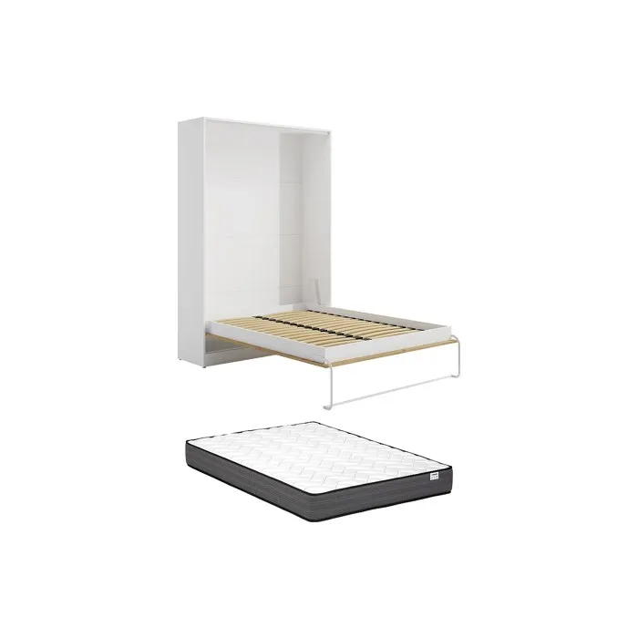 Lit escamotable 140 x 200 cm - Ouverture verticale manuelle - Coloris: Naturel et blanc + Matelas - BEGANIO