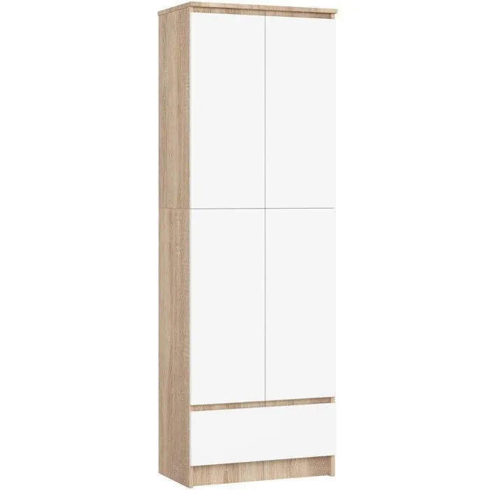 Bibliothèque De Bureau, Armoire Akord R60 Chêne Sonoma 60 Cm 2 Portes 1 Tiroir Façade Blanche 4 Étagères 60x35x180 Cm