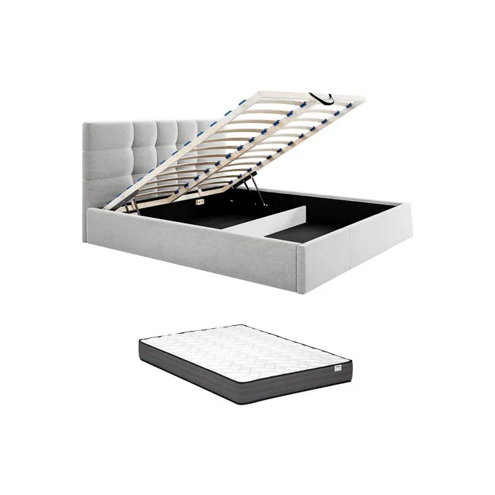 Lit coffre 180 x 200 cm - Tissu - Gris + Matelas - ELIAVA