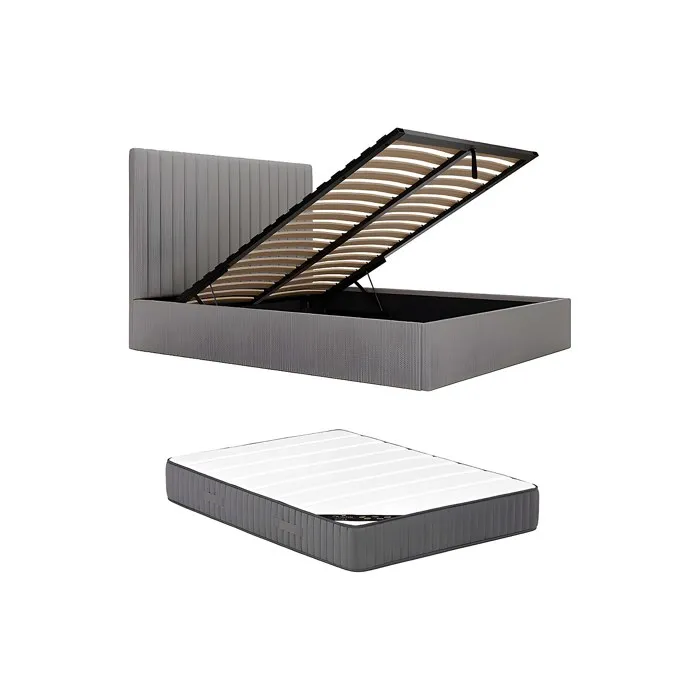 Lit coffre 160 x 200 cm avec tête de lit coutures verticales - Velours côtelé - Gris + Matelas - SARAH