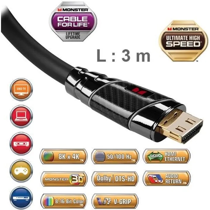 Câble HDMI Monster Black Platinum UHD 4K HDR 27 Gbit/s - 3 m