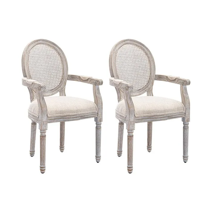Lot de 2 chaises avec accoudoirs - Cannage, tissu et bois d'hévéa - Beige - ANTOINETTE