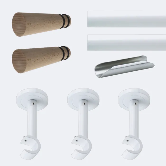 Kit de tringle à rideaux Blanc 300cm Diam.20mm Embout Cône Bois - Fixation Mur - Boulet