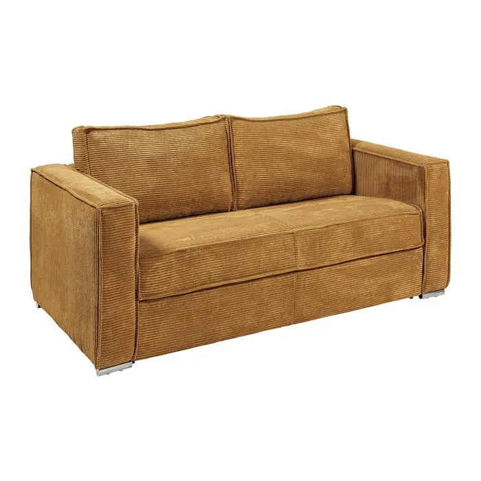 Canapé 3 places convertible express en velours côtelé jaune moutarde - Couchage 140 cm - Matelas 18 cm LORETO
