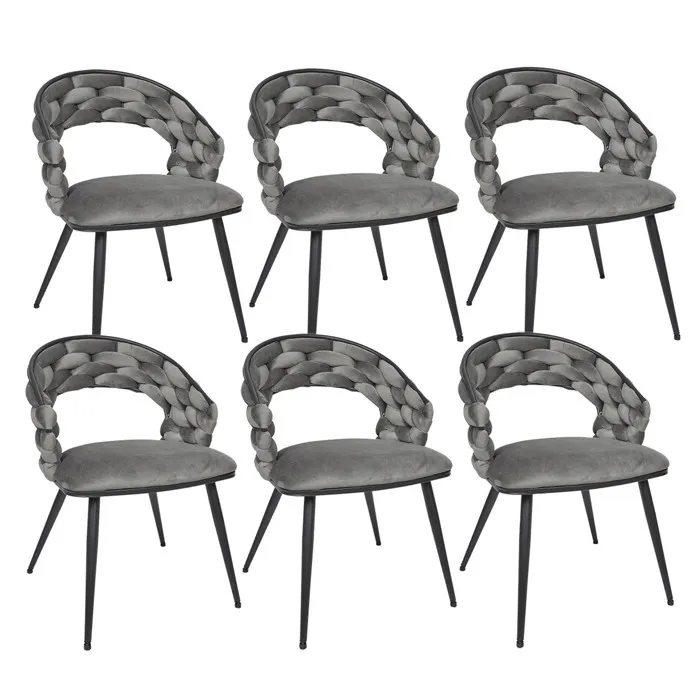 Oscar - Lot De 6 Chaises En Velours Gris Pieds Métal Noir