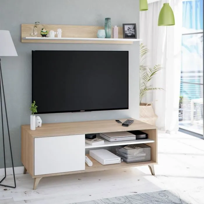 Meuble TV Amerino, Buffet pour télévision de salon avec 1 porte, Meuble TV de salon, Buffet design, 135x40h50 cm, Chêne